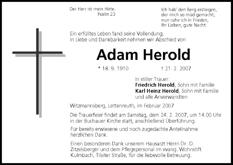  Traueranzeige für Adam Herold vom 23.02.2007 aus MGO