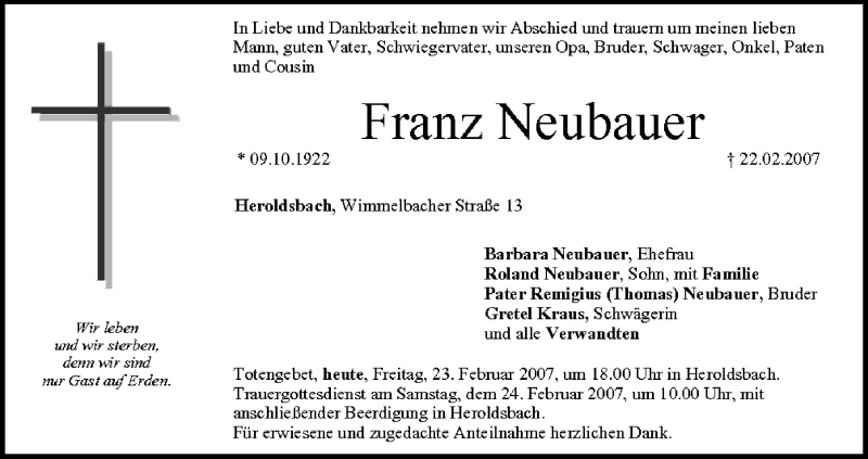  Traueranzeige für Franz Neubauer vom 23.02.2007 aus MGO