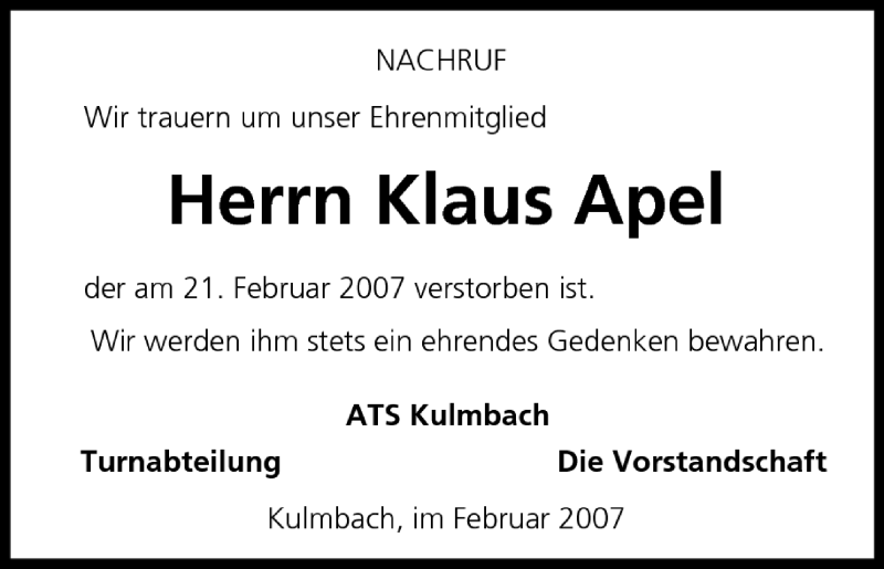  Traueranzeige für Klaus Apel vom 24.02.2007 aus MGO