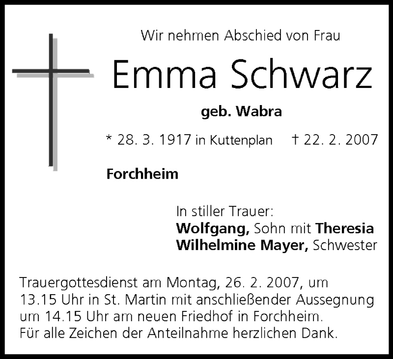  Traueranzeige für Emma Schwarz vom 24.02.2007 aus MGO