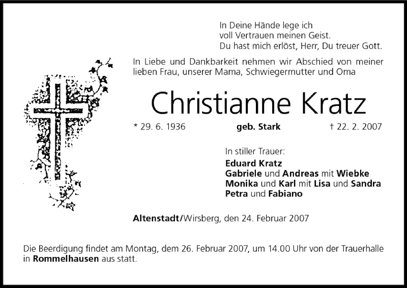  Traueranzeige für Christianne Kratz vom 24.02.2007 aus MGO