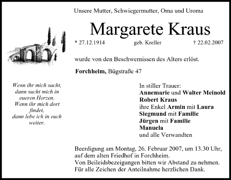  Traueranzeige für Margarete Kraus vom 24.02.2007 aus MGO
