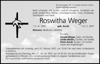 Anzeige von Roswitha Weger von MGO
