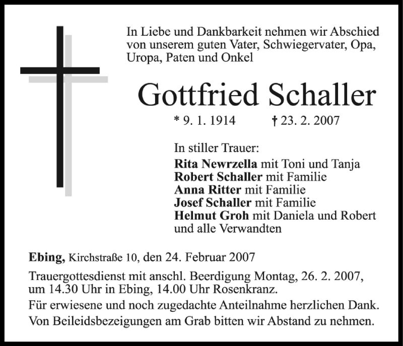  Traueranzeige für Gottfried Schaller vom 24.02.2007 aus MGO