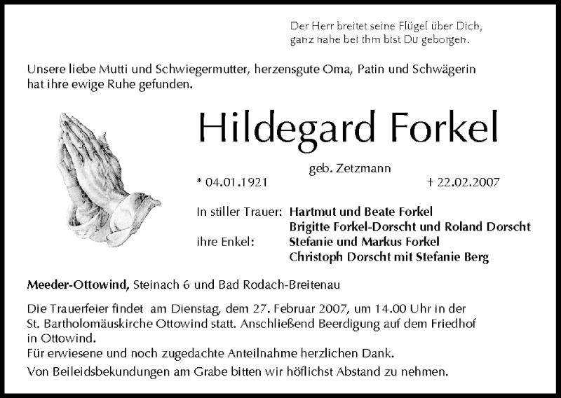  Traueranzeige für Hildegard Forkel vom 24.02.2007 aus MGO