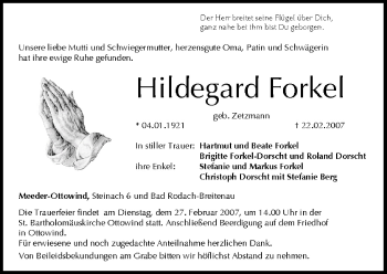 Anzeige von Hildegard Forkel von MGO