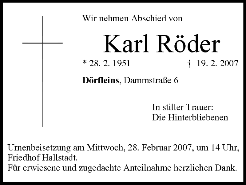  Traueranzeige für Karl Röder vom 26.02.2007 aus MGO