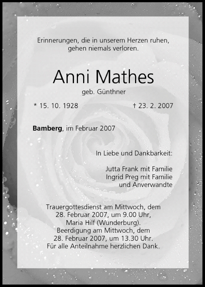  Traueranzeige für Anni Mathes vom 26.02.2007 aus MGO