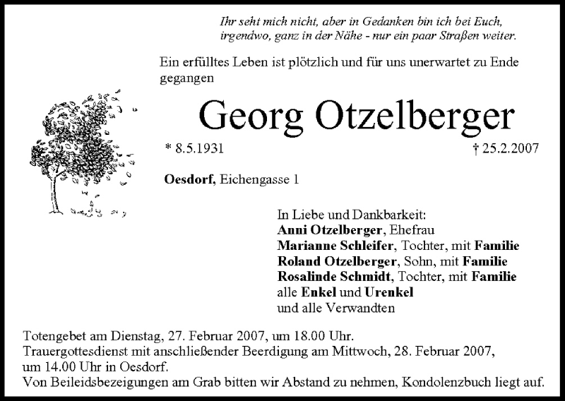  Traueranzeige für Georg Otzelberger vom 26.02.2007 aus MGO