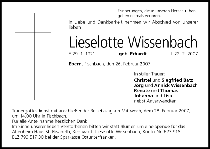  Traueranzeige für Lieselotte Wissenbach vom 26.02.2007 aus MGO