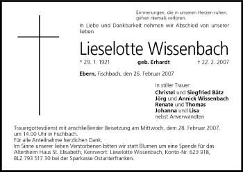 Anzeige von Lieselotte Wissenbach von MGO