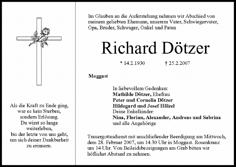  Traueranzeige für Richard Dötzer vom 27.02.2007 aus MGO