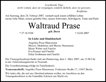 Anzeige von Waltraud Prase von MGO