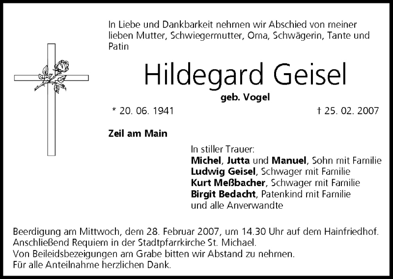  Traueranzeige für Hildegard Geisel vom 27.02.2007 aus MGO