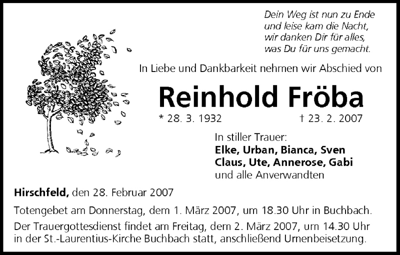  Traueranzeige für Reinhold Fröba vom 28.02.2007 aus MGO