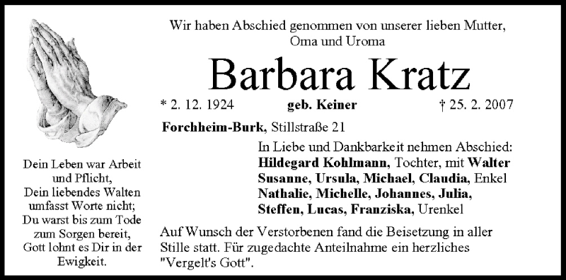  Traueranzeige für Barbara Kratz vom 03.03.2007 aus MGO