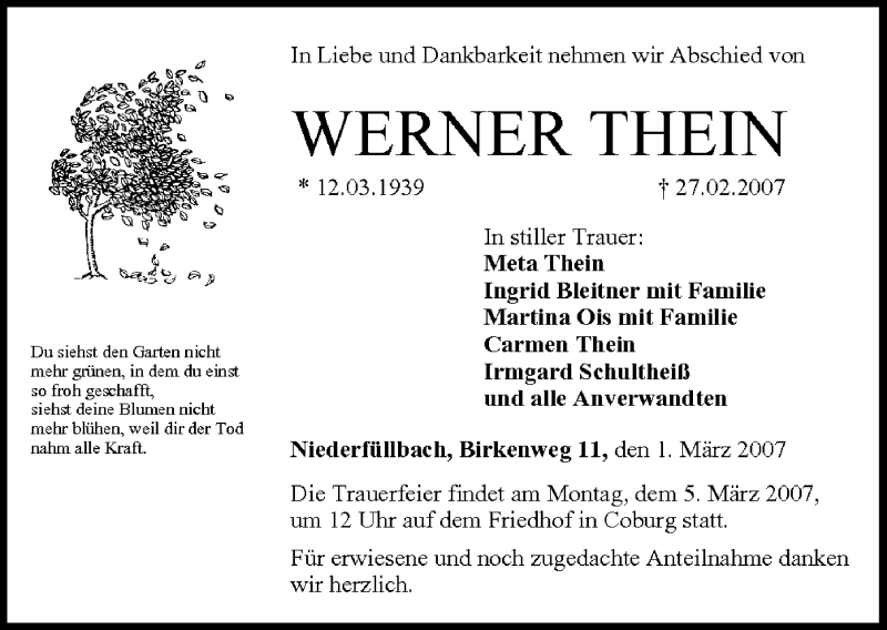  Traueranzeige für Werner Thein vom 01.03.2007 aus MGO