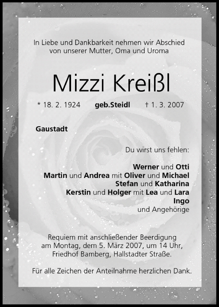 Traueranzeige für Mizzi Kreißl vom 03.03.2007 aus MGO
