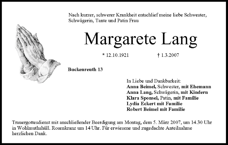  Traueranzeige für Margarete Lang vom 03.03.2007 aus MGO