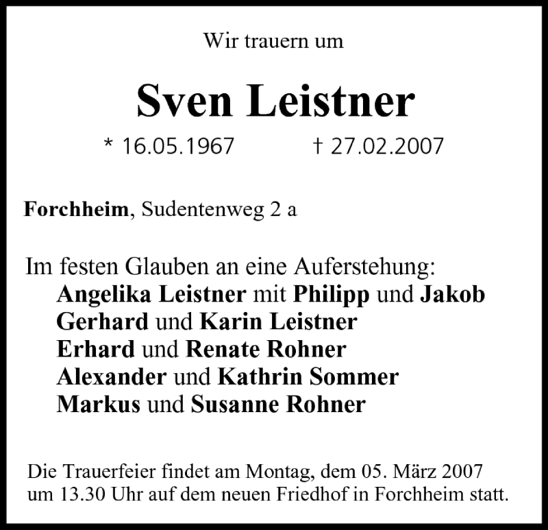  Traueranzeige für Sven Leistner vom 03.03.2007 aus MGO