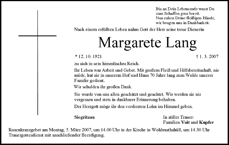  Traueranzeige für Margarete Lang vom 03.03.2007 aus MGO