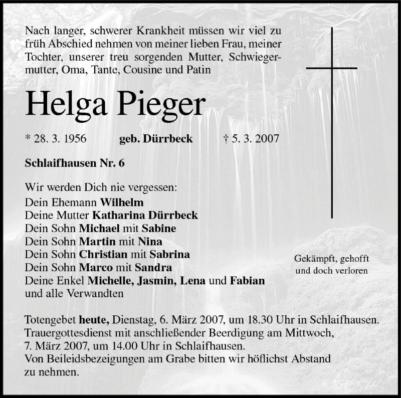  Traueranzeige für Helga Pieger vom 06.03.2007 aus MGO