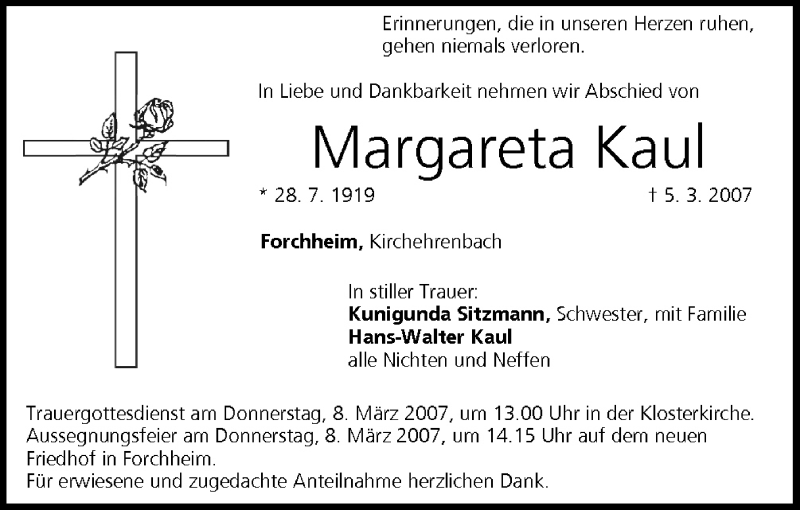  Traueranzeige für Margareta Kaul vom 07.03.2007 aus MGO