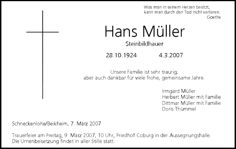  Traueranzeige für Hans Müller vom 07.03.2007 aus MGO