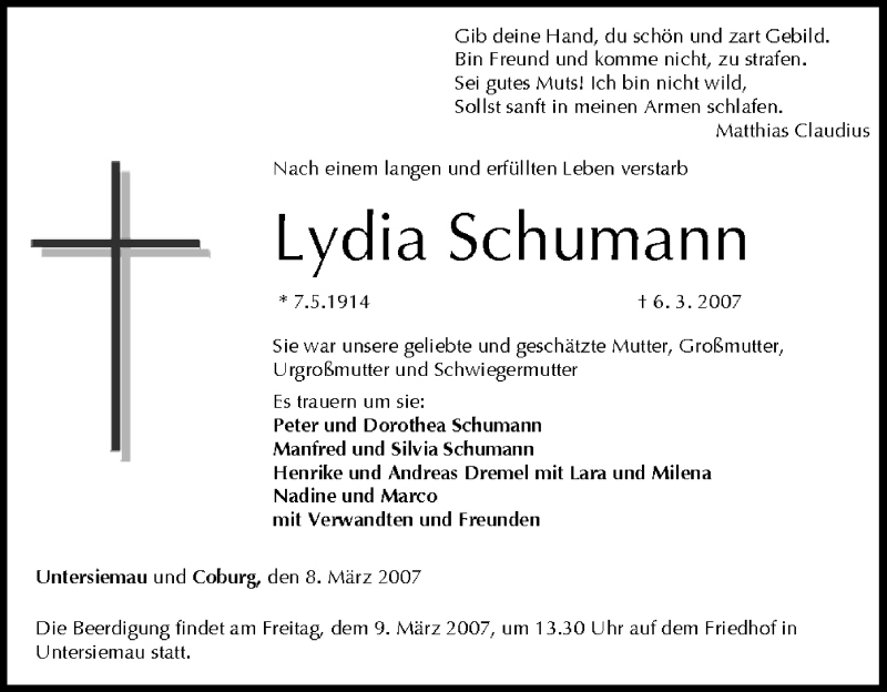  Traueranzeige für Lydia Schumann vom 08.03.2007 aus MGO