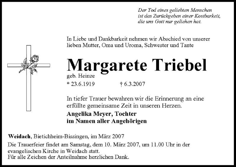  Traueranzeige für Margarete Triebel vom 08.03.2007 aus MGO