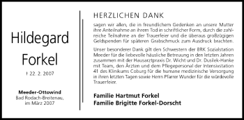 Anzeige von Hildegard Forkel von MGO