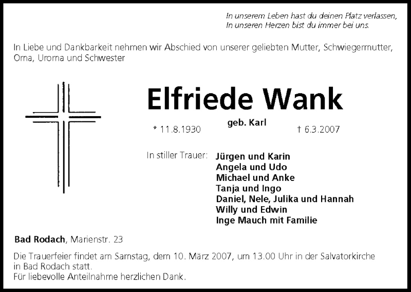  Traueranzeige für Elfriede Wank vom 08.03.2007 aus MGO