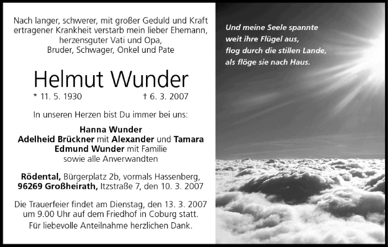  Traueranzeige für Helmut Wunder vom 10.03.2007 aus MGO