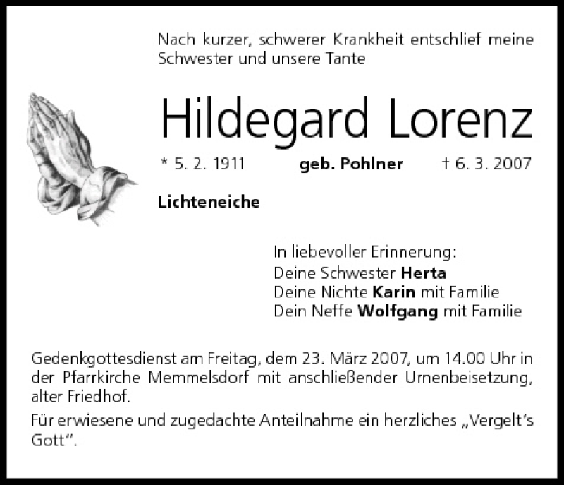  Traueranzeige für Hildegard Lorenz vom 21.03.2007 aus MGO