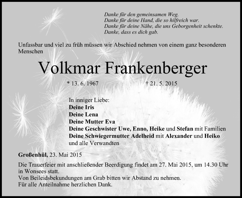  Traueranzeige für Volkmar Frankenberger vom 23.05.2015 aus MGO
