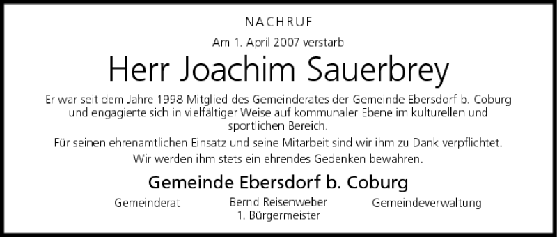  Traueranzeige für Joachim Sauerbrey vom 04.04.2007 aus MGO