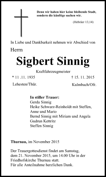 Anzeige von Sigbert Sinnig von MGO