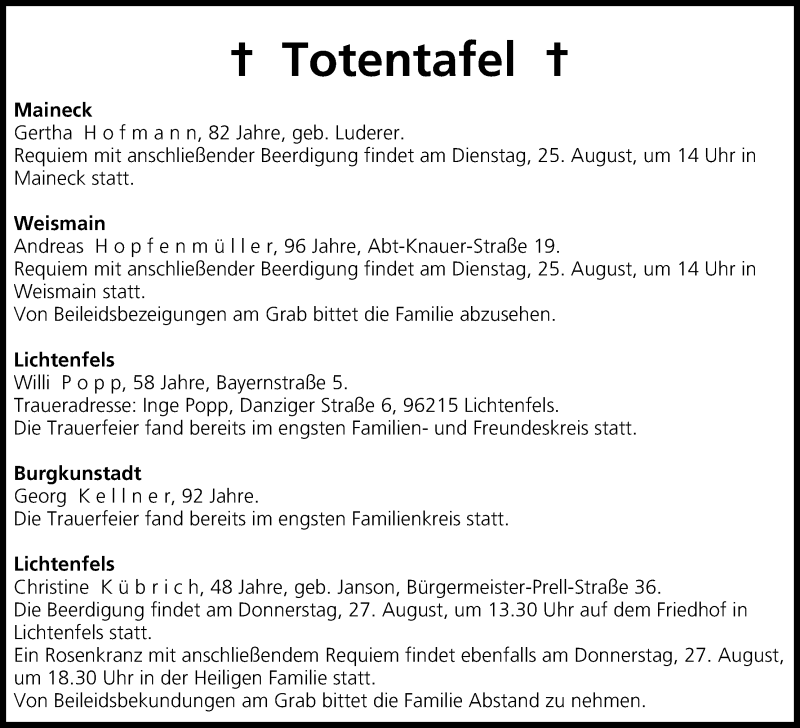 Traueranzeige für Totentafel vom 25.08.2015 vom 25.08.2015 aus MGO