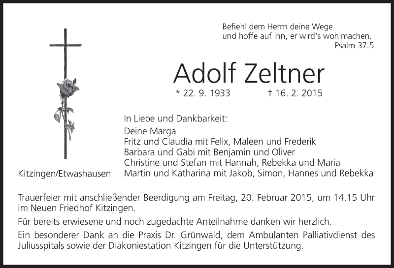  Traueranzeige für Adolf Zeltner vom 18.02.2015 aus MGO