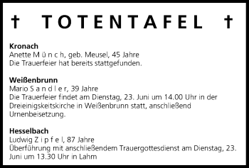 Anzeige von Totentafel vom 23.06.2015 von MGO