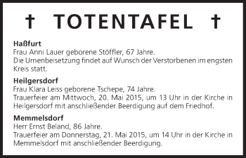 Anzeige von Totentafel vom 20.05.2015 von MGO