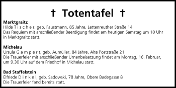 Anzeige von Totentafel vom 14.02.2015 von MGO