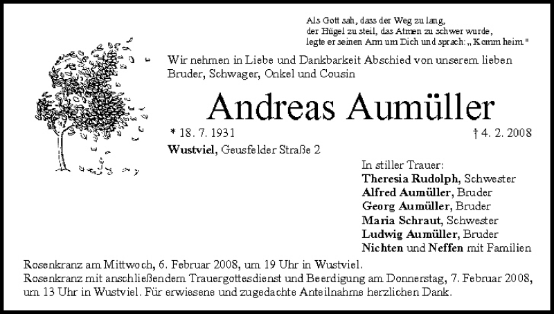  Traueranzeige für Andreas Aumüller vom 05.02.2008 aus MGO