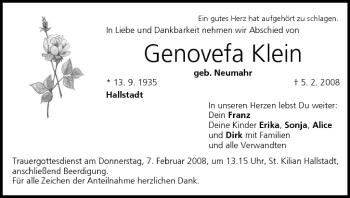 Anzeige von Genovefa Klein von MGO