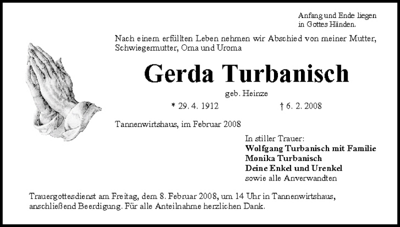  Traueranzeige für Gerda Turbanisch vom 07.02.2008 aus MGO