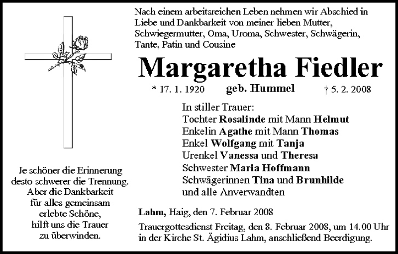  Traueranzeige für Margaretha Fiedler vom 07.02.2008 aus MGO