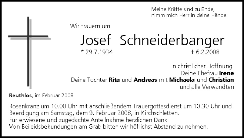  Traueranzeige für Josef Schneiderbanger vom 08.02.2008 aus MGO