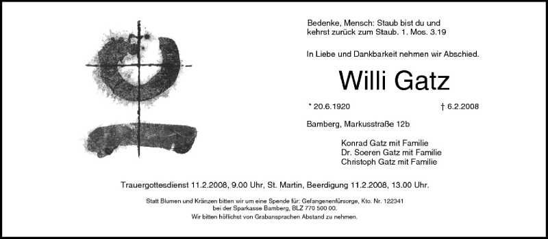  Traueranzeige für Willi Gatz vom 09.02.2008 aus MGO