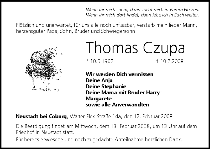  Traueranzeige für Thomas Czupa vom 12.02.2008 aus MGO