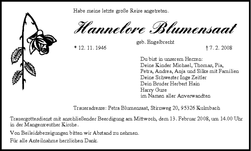  Traueranzeige für Hannelore Bluensaat vom 12.02.2008 aus MGO